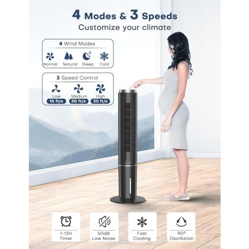 42 INCH Portable Air Conditioners w/LED Touch Screen, 4 Mode&3 Speed,1-Gal Tank for 15H Cooling Evaporative Air Cooler,12H Timer, No Hose No Window Needed, 90° Oscillating AC Unit for Bedroom