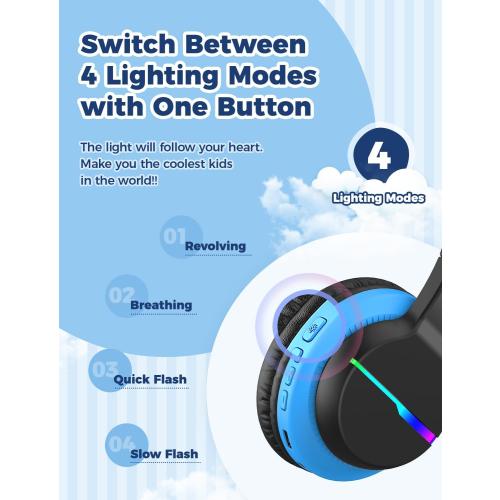 iClever BTH12 Kids Bluetooth Headphones,Colorful LED Lights,74/85dBA Safe Volume,85H Playtime,Bluetooth 5.2,Over Ear Wireless Headphone Built-in Mic for iPad/Tablet/Airplane, Deep Black