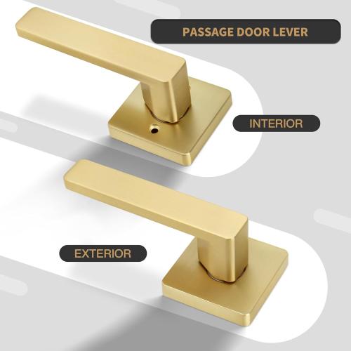 Brushed Gold Door Handles, Heavy Duty No Lock Passage Door Lever, Reversible Square Door Handle Without Lock for Hallway Closet Doors, Satin Brass