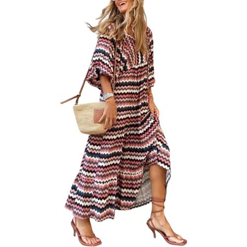 Size Medium TIAFORD Womens 2024 Casual Boho Maxi Dresses V Neck Puff Sleeve Geometric Pattern Smocked Ruffle Flowy Beach Long Dress
