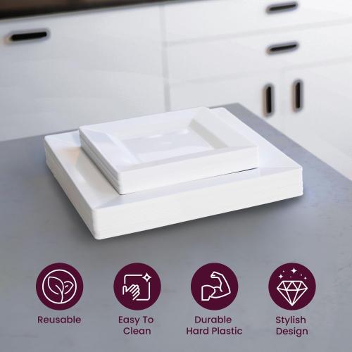 Aya's 100ct Square Plastic Disposable Plates, White - 9.5-Inch 50 Dinner and 6.5-Inch 50 Salad Plates for Party - Heavy-Duty Hard Plastic Design for Wedding, Event, Christmas, and Thanksgiving