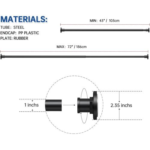 BRIOFOX Industrial Shower Curtain Rod - 2-in-1 Design Tension Curtain Rod - Never Rust Non-Slip 43 to 72 Inch Stainless Steel, Matte Black Window Curtain Rod