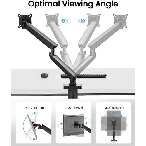 Single Monitor Mount for 13-49 Inch Screens up to 24 lbs, Ergonomic Adjustable Monitor Arm with Built-in USB 3.0 Hub, Space-Saving VESA Desk Mount for Home Office & Gaming, C-Clamp & Grommet Base