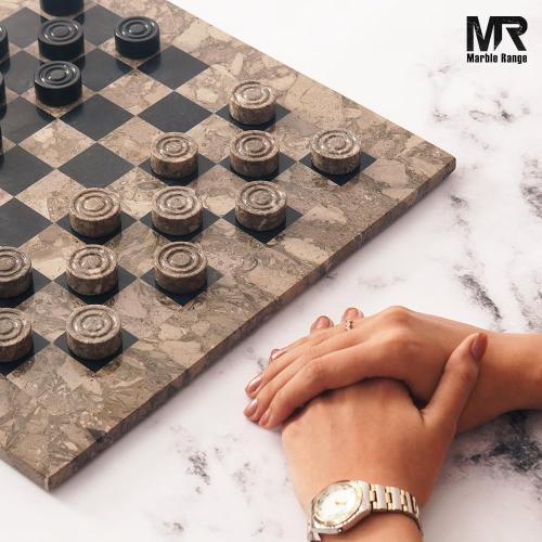 Marble Checkers Board Game 15 Inches Oceanic and Black Handmade 2-Player Tournament Checker Set, Board Game Set – Elegant Holiday