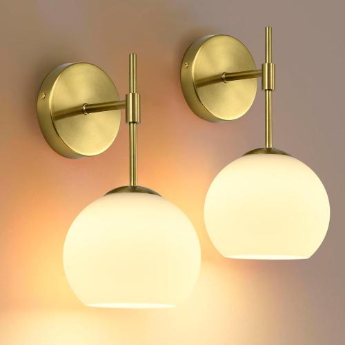 Battery Operated Wall Sconces Set of 2, Rechargeable Wall Lights with Frosted Glass Shade, 12 RGB and 3CCT Dimmable, Wall Lamps with Remote for Bedroom Living Room Hallway, Gold