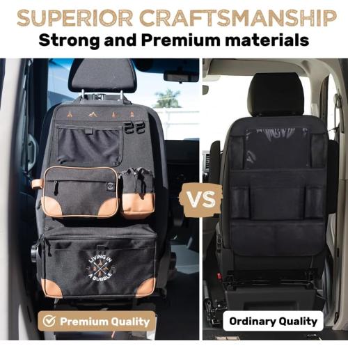 Living in a Bubble Seat back Organizer – Magnetic Toiletry and Cooler Pouch, Cordura Car Backseat Storage with Device Holder & Hooks, Multi-Compartment Utility Bag for Campervans & Family Travel