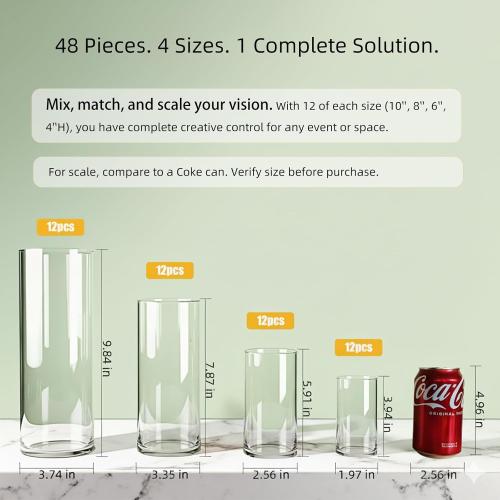 48-Pack Clear Glass Cylinder Vases, 4 Sizes (4/6/8/10 Inch) - Hurricane Floating Candle Holders & Flower Vases for Wedding, Table Centerpiece, Home Décor