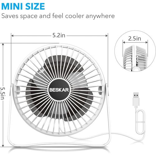 BESKAR USB Small Desk Fan, Portable Fans with 3 Speeds Strong Airflow, Quiet Operation and 360°Rotate, Personal Table Fan for Home,Office, Bedroom- 3.9 ft Cord/White