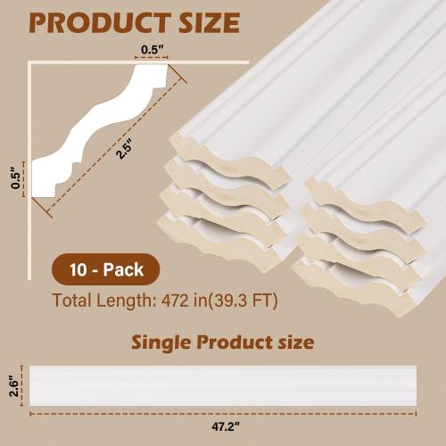 White 40Ft 10-Pack Ceiling Crown Molding Trim，Crown Molding Total Length 40 Ft，Lightweight High-Impact Polystyrene Decorative Ceiling Moulding，Ceiling Trim- Installed with Glue, White
