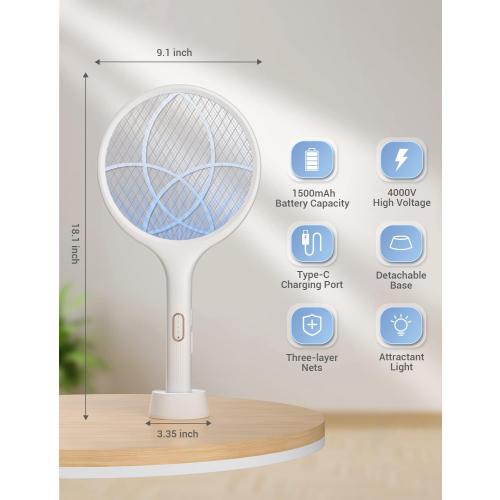 YISSVIC Electric Fly Swatter 4000V Bug Zapper Racket Dual Modes Mosquito Killer with Purple Mosquito Light Rechargeable for Indoor Home Office Backyard Patio Camping