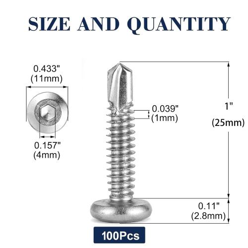 12 x 1 Stainless Steel Flat Head Socket Cap Screws, 100Pcs, Allen Socket Drive, Self Tapping
