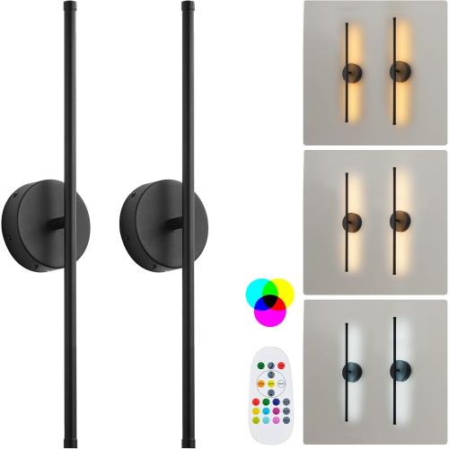 Battery Operated Wall Sconces Set of Two, with Remote Control, Dimmable, Warm White/Natural White/Daylight/RGB, 350°Rotate, LED Black Wireless Wall Light for Living Room, Bedroom, 20.4 Inch