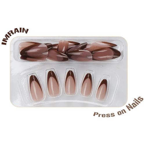 IMRAIN Press on Nails Brown French Tips Fake Nails Long Stiletto False Nails Glossy Full Cover Acrylic Gel Artificial Stick on Nails for Women 24Pcs