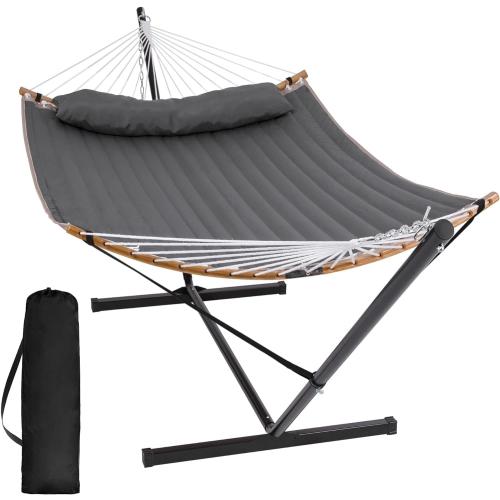 SUNCREAT Double Portable Hammock with Stand, 2 Person Hammock with Curved Spreader Bar, Balance Ropes Included, Dark Gray