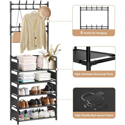 Color Black Size 5 Tier Coat and Shoe Rack,Modern Minimalist Coat Rack with 8 Hooks,Freestanding Entryway Shoe Shelf for Living Room, Hallway, Bedroom Black
