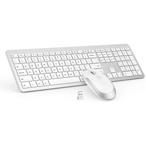 Wireless Keyboard and Mouse Combo - Full Size Slim Thin Wireless Keyboard Mouse with Numeric Keypad 2.4G Stable Connection Adjustable DPI (White & Silver)