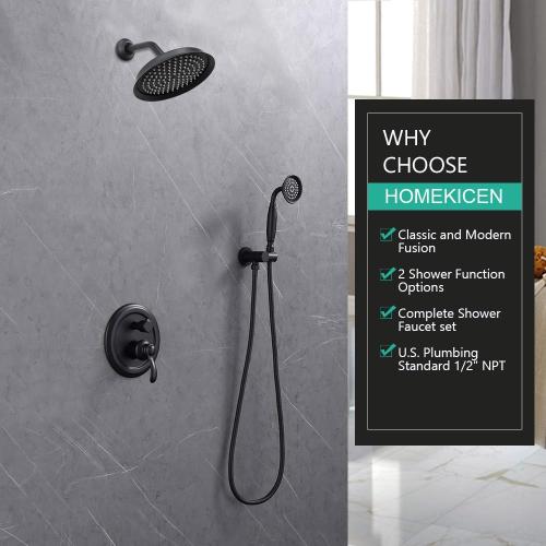 Matte-Black Vintage Shower-Faucet Sets, Antique Brass Shower System, Wall Mounted, 9 Rain Head and Handheld Spray, 2 Way Diverter Rough in Valve with Trim Kit