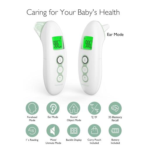 White Momcozy Non-Contact Forehead and Ear Thermometer, Digital Infrared Thermometer for Adults and Children, with Child Mode, Fever Alarm Function, Mute and Memory Functions, Fast and Accurate Measurement