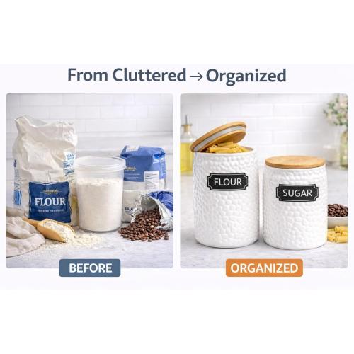 Ceramic Canister Set of 2 (94oz & 52oz) – Airtight Bamboo Lids for Flour, Sugar & Coffee – White Kitchen Storage Jars with Labels for Countertop & Pantry