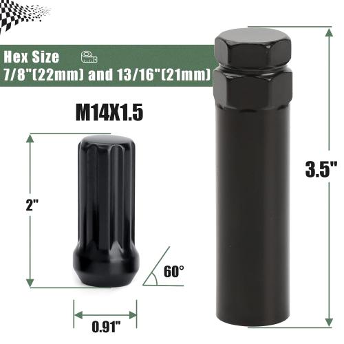 32pcs M14x1.5 Lug Nuts Spline Black, 14x1.5 Aftermarket Wheel Lug Nuts for F150 F250 F350 Silverado Sierra Ram 2500 3500 with 1 Socket Keys Long Extended