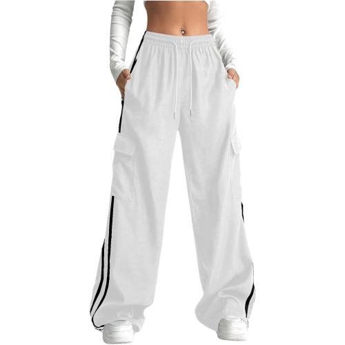Size M Verdusa Women's Cargo Pants Baggy Straight Wide Leg Track Pants Striped Joggers with Pockets Athletic Streetwear
