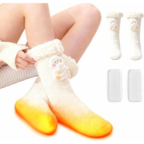 Electric Heating Socks for Kids and Women, Upgraded Battery Cute Socks, 3 Heating Levels & 3D Heat Around Foot, Perfect Winter Fuzzy Warmth