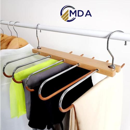 Wooden Pant Hanger - 5 Layers Space Saver - Trouser Hanger, Space-Saving 5-in-1 Trouser Hanger, Stainless Steel Extendible, Multi Hanger, Magic Hanger, Wardrobe Clothes Hanger Holder