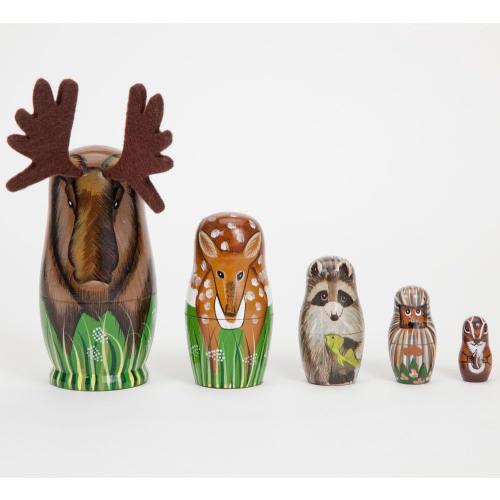 Bits and Pieces Moose Nesting Dolls - Russian Doll Set of 5 Hand Painted Wood Matryoshka Dolls, Traditional