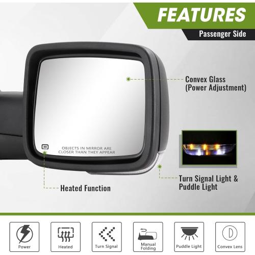 Passenger Side Mirror for 2009-2018 Ram 1500 2010-2018 Ram 2500 3500 2019-2024 1500 Classic Tow Mirror Power Heated Turn Signal Puddle Light Manual Folding-Right