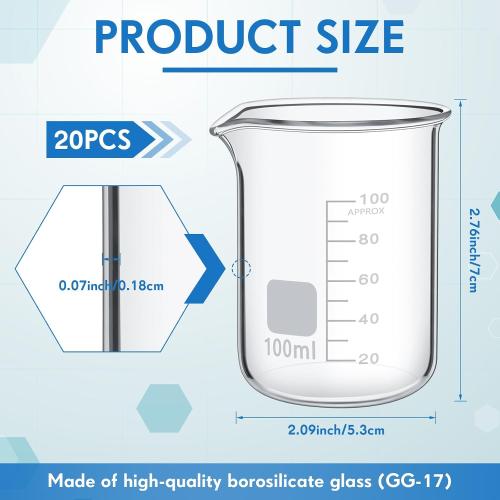 Tanlade 20 Pcs Glass Beaker, Heavy Duty Lab Beaker with Printed, High Borosilicate Class Measuring Cup Bulk Graduation for Laboratories Classrooms or Home (100ml)
