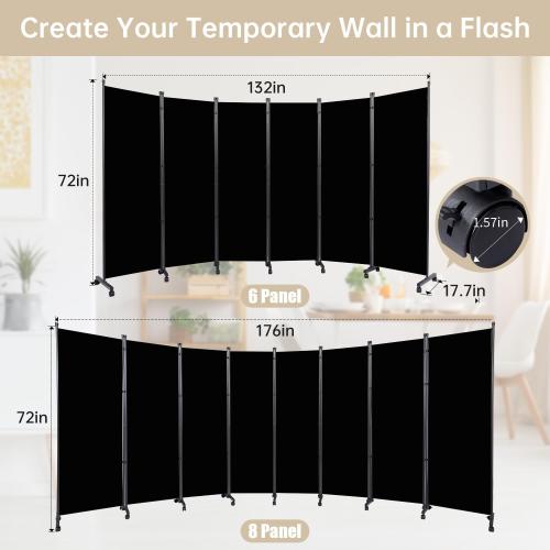 Room Divider Large 6 Panel Privacy Screen,Portable Room Partition on Wheels | Non-see Through & Thickened Fabric Panel,132''W x 71''H,Wide Wall Divider for Room Separation,Freestanding Indoor Separator