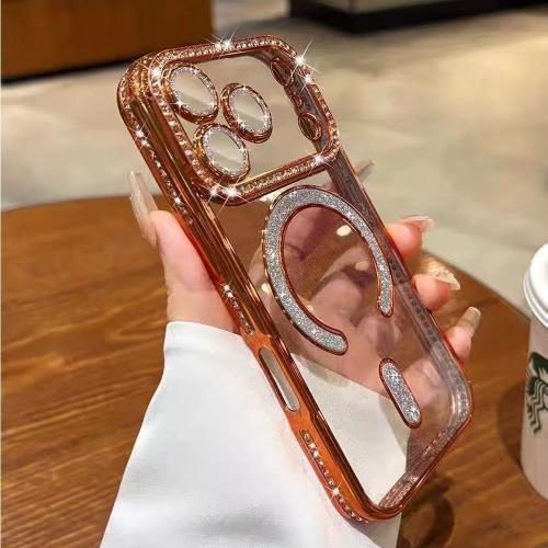 QSIETSPY Magnetic Case for iPhone 17 Pro Max 6.9[Compatible with MagSafe] with Sparkle Diamond Camera Protection Shockproof Clear Cute Glitter Bling Phone Case for iPhone 17 ProMax,Orange