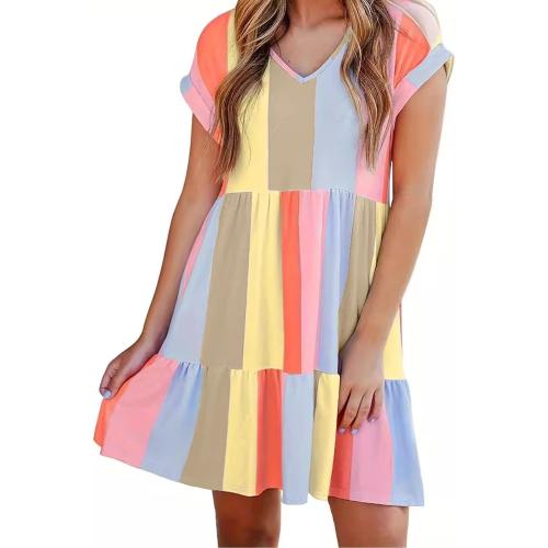 Size XL Color multi Womens Summer Multicolor V Neck Short Sleeves Casual Babydoll Knee-Length Dress Color Block Stripes Tiered Swing Mini Dresses