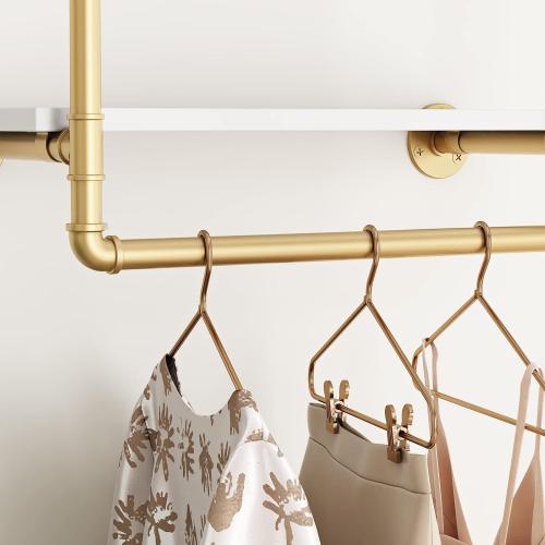 HOMEKAYT 24 Industrial Pipe Shelving, Floating Wall Shelves 3 Tier Gold Shelves with Haning Rod Multiple Use for Kitchen, Bedroom,Living Room,Bathroom