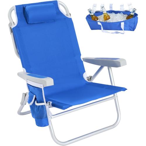 SUNNYFEEL Low Beach Chair, 5-Position Lay Flat Reclining Backpack Chair with Cooler Bag & Cup Holder, Portable Folding Beach Chair for Adults, Heavy Duty 350 LBS, Blue