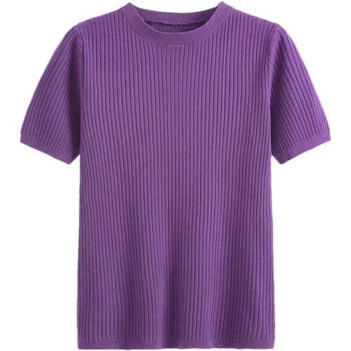 Women Crew Neck Casual Kint T Shirt Solid Short Sleeves Knitted Rib T Shirt Top
