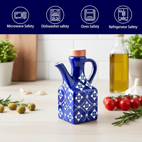 Blue Ceramic Olive Oil Dispenser Bottle for Kitchen, 8.5 oz Cruet for Avocado Oil with Handle & Wooden Stopper, Small Decorative Oil and Vinegar Dispenser Set, Oil Container Cruet for Olive