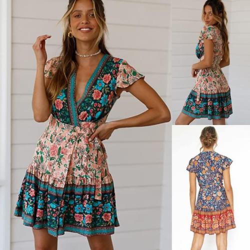 KoHaL'..Size M...Women's Mini Boho Floral Dress Deep V-Neck Wrap Summer Dress Tie Waist Swing Flowy Beach Dress Bohemian Sundress