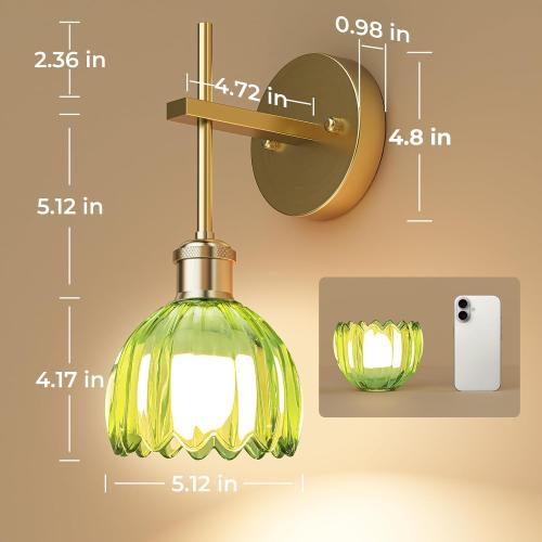 Battery Operated Wall Sconce with Green Tulip-Shaped Lampshades, Wireless Rechargeable Sconces Wall Decor Set of 2 with Remote Control, 12 RGB Colors & 3 CCT Settings (Green)