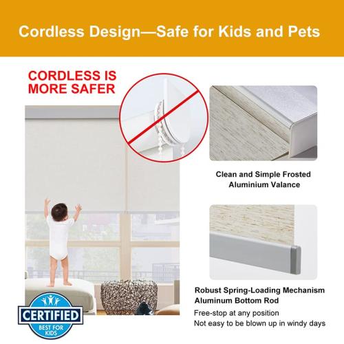 Persilux Cordless Shades for Windows, Light Filtering Roller Blinds for Windows (Cream 33 W x 72 H) Natural Woven Fabric Free-Stop Thermal Insulation Privacy Roller Window Blinds for Windows, Home