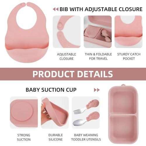 Travel Silicone Baby Feeding Set with 316 Stainless Steel Spoon & Fork ,Silicone Suction Plates, Foldable Bib, Storage Bag - Portable Infant Toddler Utensils, 6-Piece BPA-Free Dishware Kit（pink）