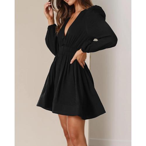 Size/M FAIABLE Mini Deep V Sexy Long Sleeve Dress for Women A-line High Waisted Casual Flowy Dress for Cocktail Wedding Guest