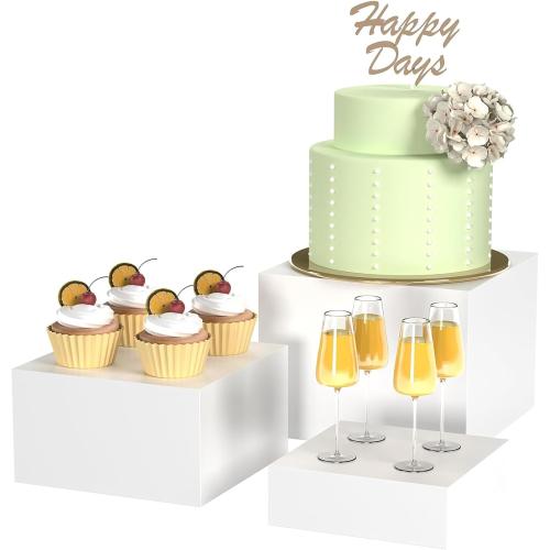 Buffet Risers, White Acrylic Cube for Buffet Table, Display Stand Shelf for Catering Dessert Collectibles Jewelry Figures Show, Food Display Nesting Risers with Hollow Bottoms, Cube, 3Pcs 10x11x12