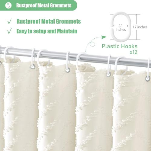 Dynamene Extra Long Shower Curtains, 84 Inches Long Boho Tufted Chevron Striped Fabric Shower Curtains for Bathroom, Tall Minimalist Chic Waterproof Cloth Shower Curtain Set with Hook, Cream, 72x84