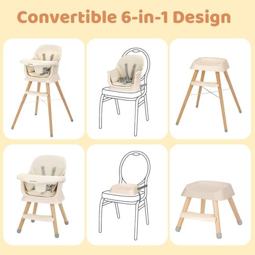 Ezebaby Portable Baby High Chair, High Chairs for Babies and Toddlers with Adjustable Legs, 6-in-1 Convertible to Booster Seat for Dining Table, Toddlers High Chair with Removable Cushions - Cream