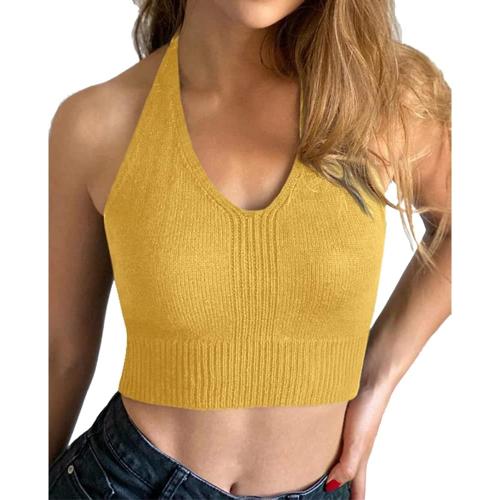 Size medium Langwyqu Women's Wool Spaghetti Strap Sexy V Neck Sweet Cut Crop Top Camisole Yellow