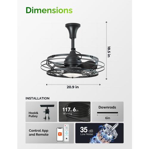 Orison Outdoor Ceiling Fan with Light, 21 Gazebo Fans Outdoor Hanging, Plug in Ceiling Fan for Pergolas Canopy Patio, Waterproof Outdoor Fans with Remote/APP Control, Wet Rated