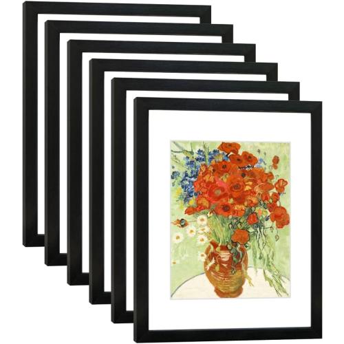 11x14 Picture Frame Set of 6 with Real Glass for Pictures 8x10 with Mat or 11x14 Without Mat, Wall Gallery or Tabletop display Photo Frames in Black