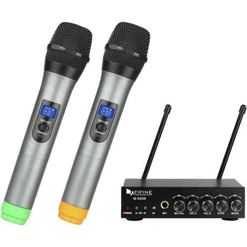 FIFINE UHF Dual Channel Wireless Handheld Microphone, Easy-to-use Karaoke Wireless Microphone System-K036