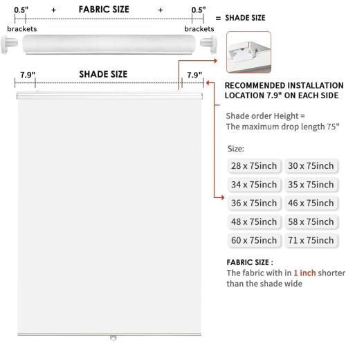Joydeco Blackout Cordless Roller Shade White Fabric Mini Blinds & Shades for Windows 28 Inch Wide Home Darkening(28x 75)